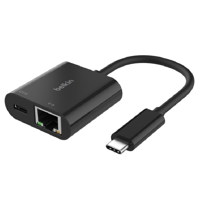 Belkin Connect USB-C to Ethernet + Charge Adapter(100W)- Black(INC019BTBK), Gigabit Ethernet, 100W PD, 10/100/1000Mbps, USB-C PD 3.0, 2YR