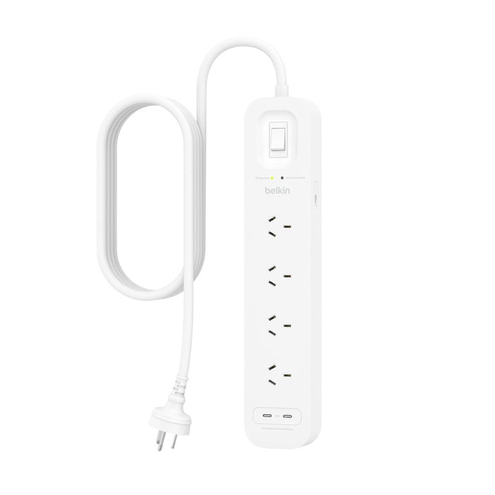 Belkin SurgePlus 4-Outlet Surge Protector With Dual USB-C Port(30W) -White(SRB005AU2M), Heavy Duty 2M Power Cord, 525 Joules, $40000 CEW, 2YR