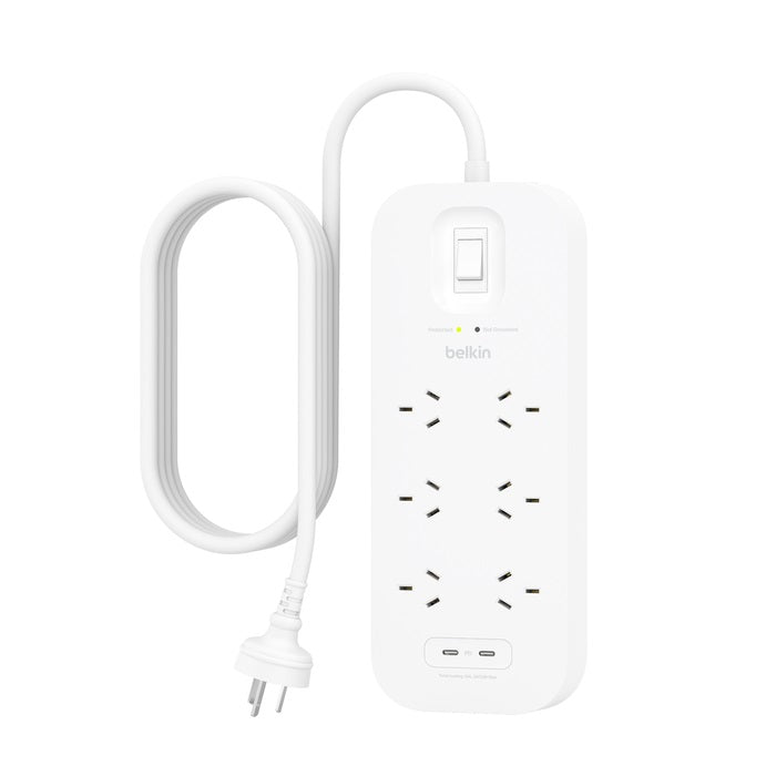 Belkin SurgePro 6-Outlet Surge Protector With Dual USB-C (30W) - White(SRB006AU2M), 2M Power Cord, 650 Joules, $50, 000 CEW, 2YR