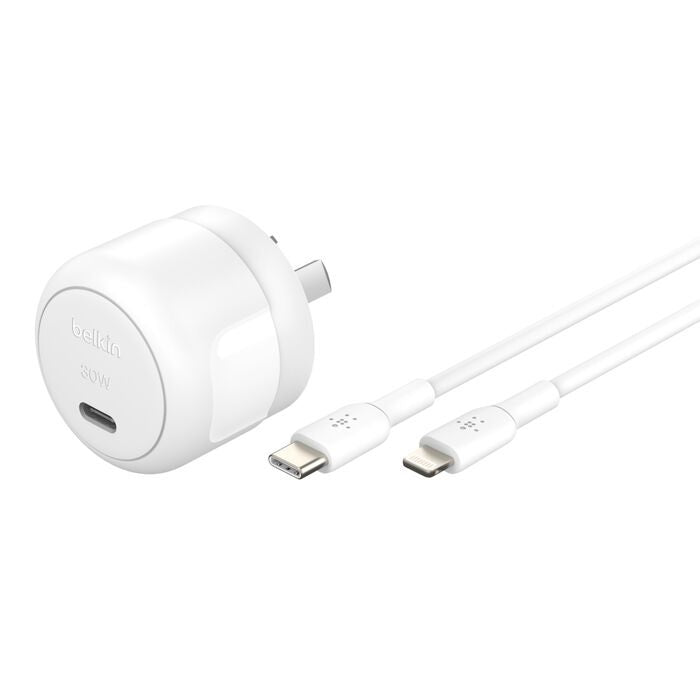 Belkin BoostCharge Compact 30W USB-C (PD 3.1) Wall Charger + USB-C to Lightning Cable - White (WCA008au1MWH-B5), Apple, 2YR