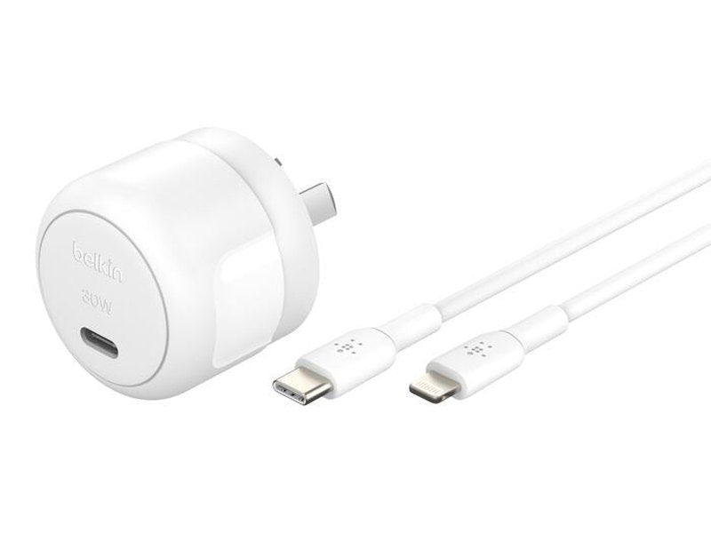 Belkin BoostCharge Compact 30W USB-C PD 3.1 Wall Charger + USB-C to Lightning Cable - White WCA008au1MWH-B5 , Apple, 2YR