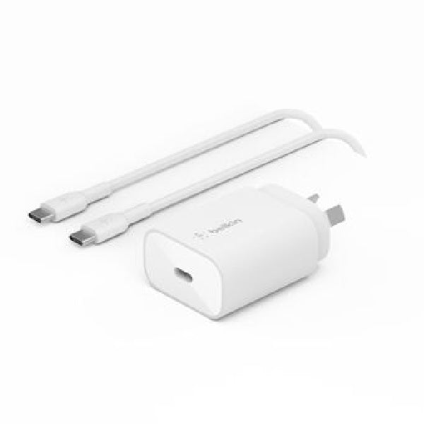 Belkin BoostCharge 25W USB-C Cubic Wall Charger + USB-C to USB-C Cable (1M) - White (WCA012au1MWH-B6), MFI-Certified, $2500 CEW, 2YR
