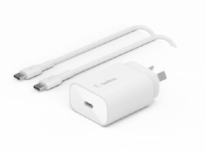 Belkin BoostCharge 25W USB-C Cubic Wall Charger + USB-C to USB-C Cable 1M - White WCA012au1MWH-B6 , MFI-Certified, $2500 CEW, 2YR