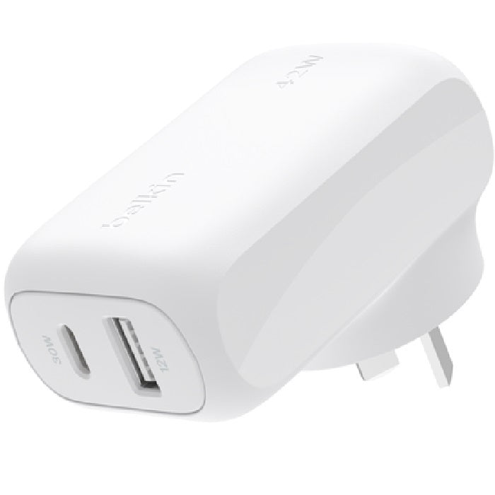 Belkin BoostCharge Dual Wall Charger 42W - White (WCB009auWH), 1xUSB-C (30W), 1xUSB-A (12W), Best for Samsung & iPhone, $2500 CEW, 2YR
