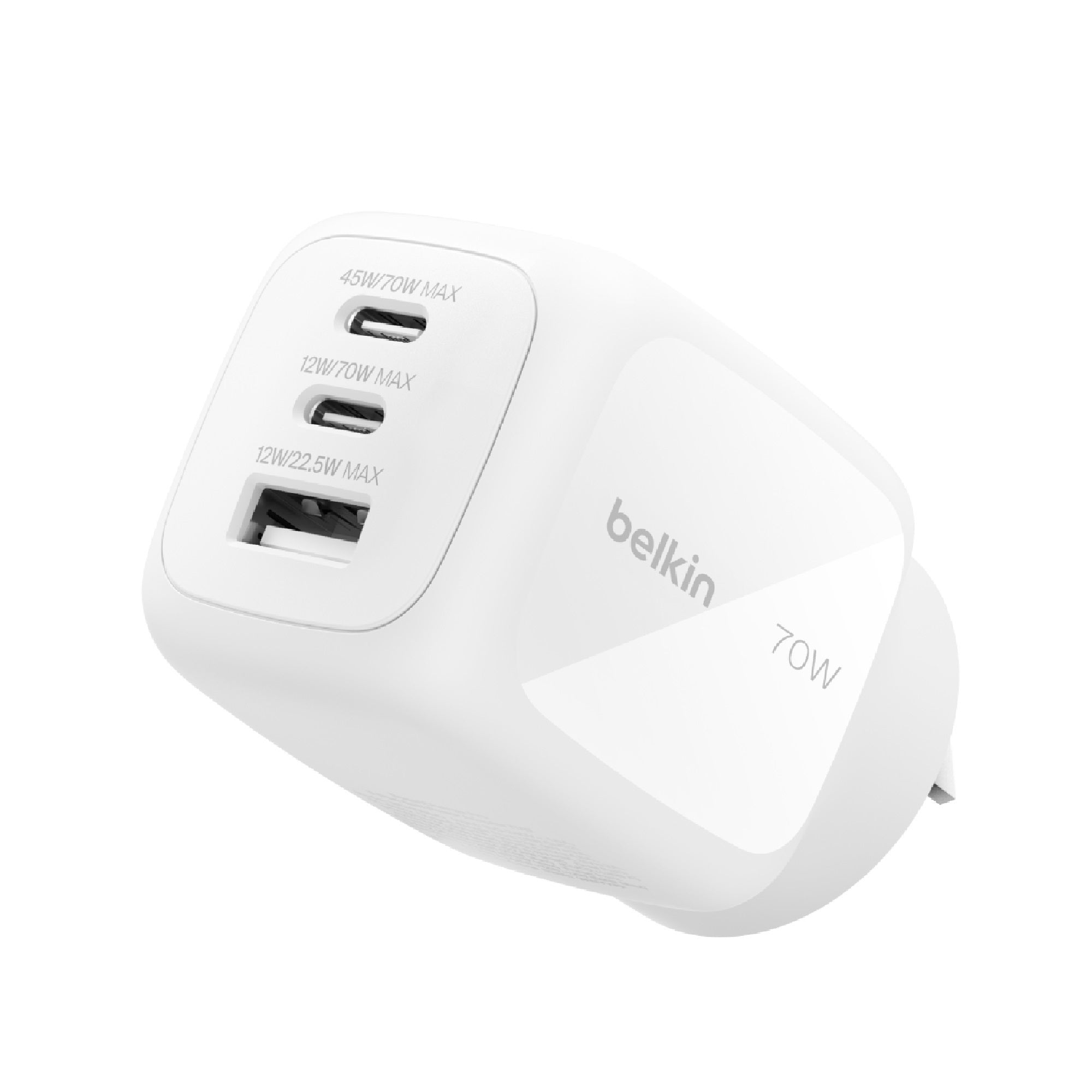 Belkin BoostCharge Pro 70W 3-Port GaN Wall Charger - White (WCH018AUWH), Compact & Powerful, Laptop Charger, Travel-Ready, $2500 CEW, 2YR