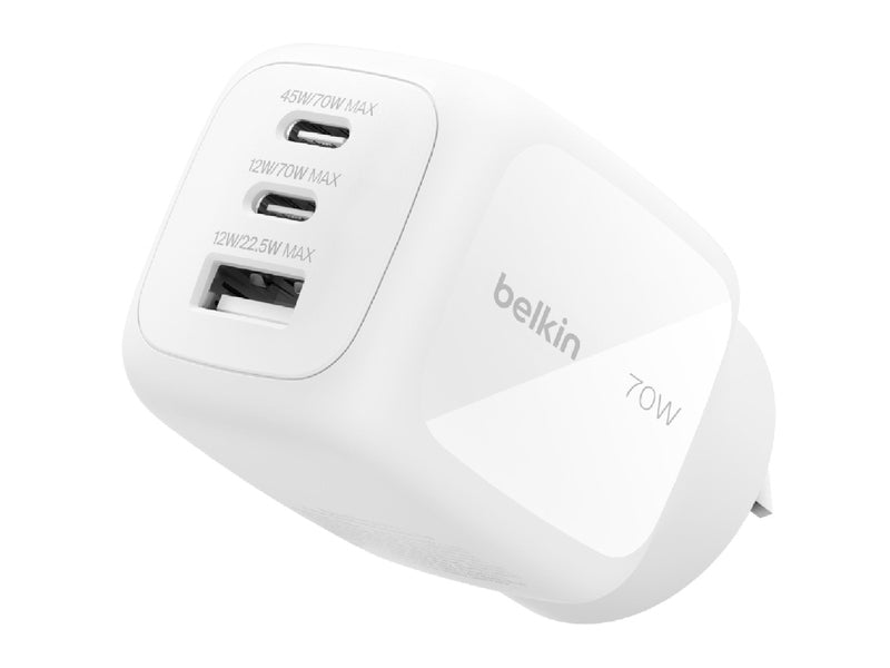 Belkin BoostCharge Pro 70W 3-Port GaN Wall Charger - White WCH018AUWH , Compact & Powerful, Laptop Charger, Travel-Ready, $2500 CEW, 2YR