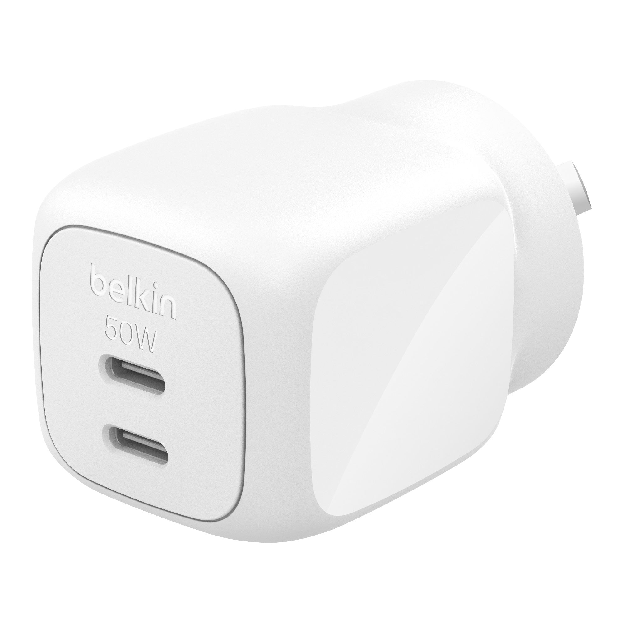 Belkin BoostCharge Pro 50W Dual USB-C GaN Wall Charger - White (WCH019AUWH), Compact Laptop Charger, Travel-Ready, $2500 CEW, 2YR