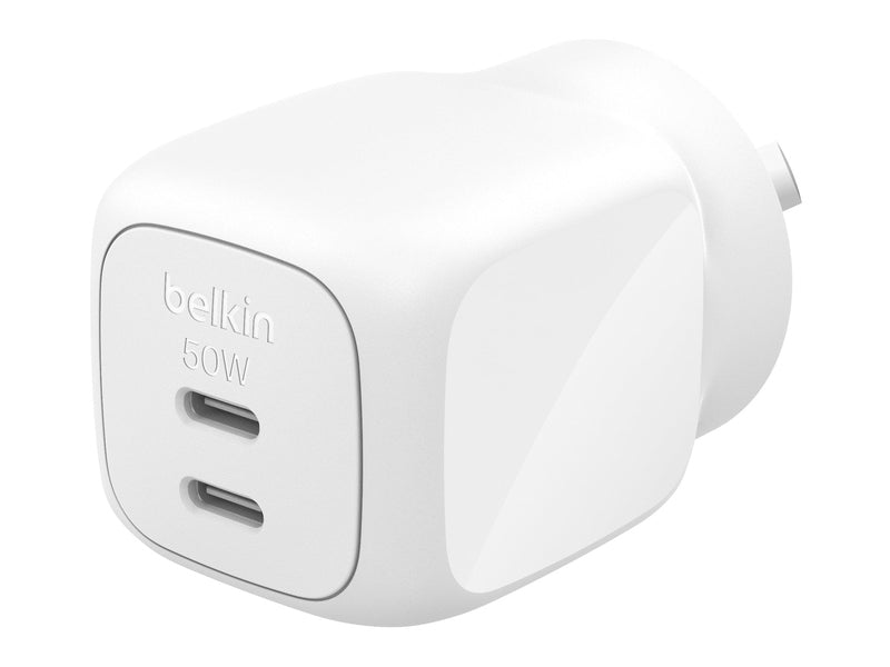 Belkin BoostCharge Pro 50W Dual USB-C GaN Wall Charger - White WCH019AUWH , Compact Laptop Charger, Travel-Ready, $2500 CEW, 2YR