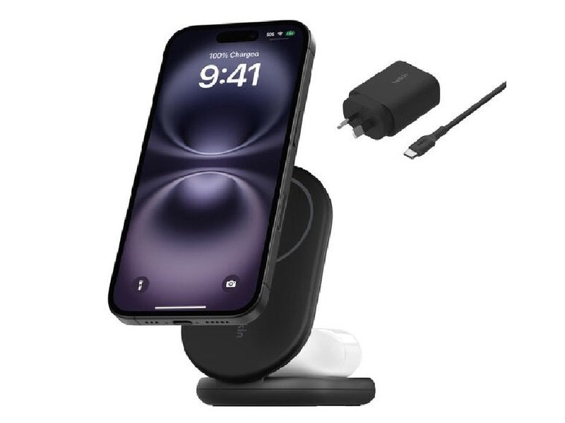 Belkin BoostCharge 2-in-1 Magnetic Foldable Wireless Charger With Qi2 15W + 36W Wall Charger + USB-C Cable 1.5M - Black WIZ028auBK ,2 Years Warranty