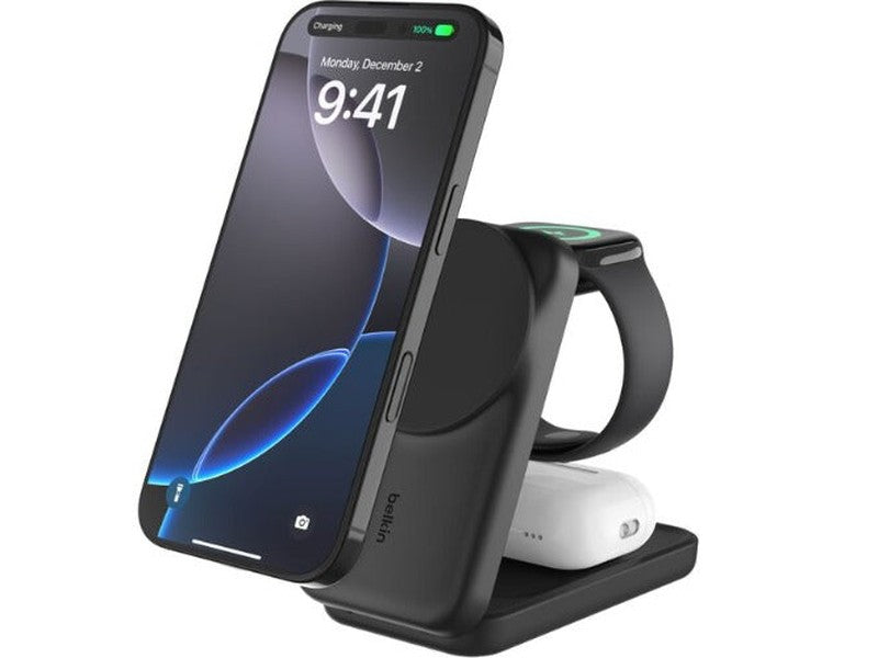 Belkin UltraCharge 3-in-1 Foldable Magnetic Charger w/ Qi2 25W +USB-C Wall Charger 45W +USB-C Cable 15M -Black WIZ037auBK , $2500CEW, 2YR