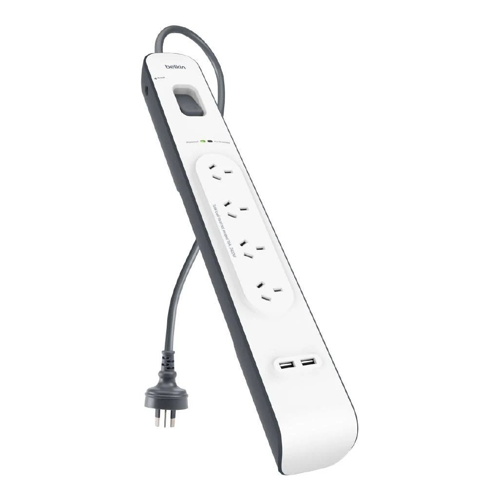 Belkin SurgePlus 4-Outlet Surge Protector With Dual USB Port 2.4 Amp-White(BSV401au2M), Heavy Duty 2M Power Cord, 525 Joules, $20000 CEW, 2YR