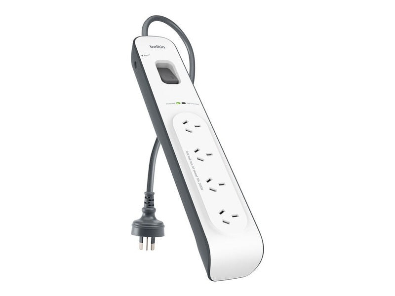 Belkin SurgeMaster 4-Outlet Surge Protection Strip with 2M Power Cord - White/Grey BSV400au2M , 525 Joules Protection, $20000 CEW, 2YR