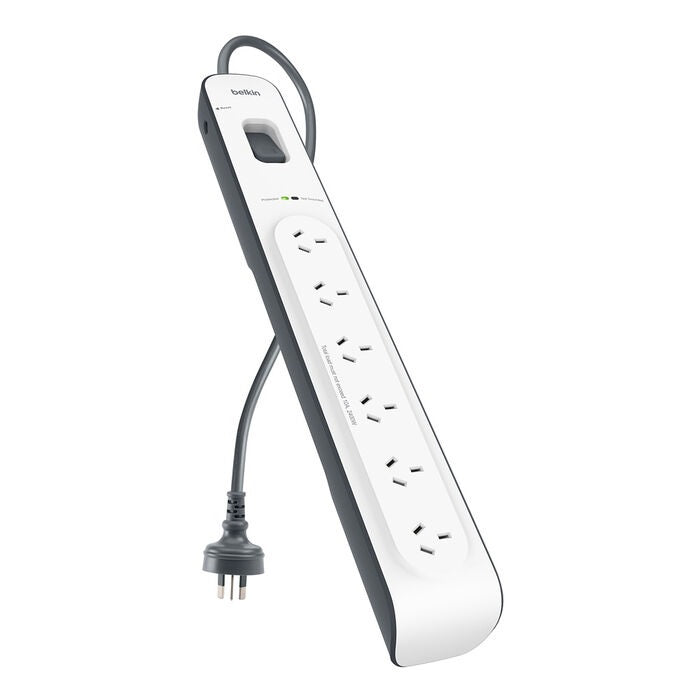 Belkin SurgeMaster 6-Outlet Surge Protection Strip with 2M Power Cord - White/Grey (BSV603au2M), 650 Joules Protection, CEW $30000, 2YR