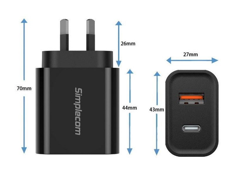 Simplecom CU220 Dual Port PD 20W Fast Wall Charger USB-C + USB-A for Phone Tablet