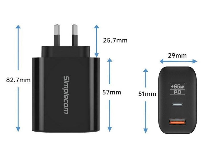 Simplecom CU265 Dual Port PD 65W GaN Fast Wall Charger USB-C + USB-A for Phone Laptop