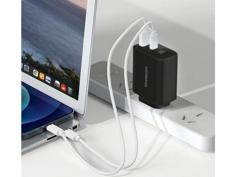Simplecom CU265 Dual Port PD 65W GaN Fast Wall Charger USB-C + USB-A for Phone Laptop