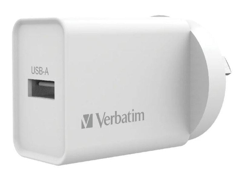 Verbatim USB Charger Single Port 2.4A - White Single Port Wall Charger Rohs, CE, Apple, Android, tablet, Handheld. OC, OV, SS, OT, Fire Resistant.