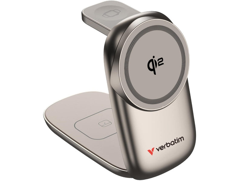 Verbatim 3 in 1 Wireless Docking Qi2 Certified, Magnetic Wireless Charging. 2.5W/5W/15W