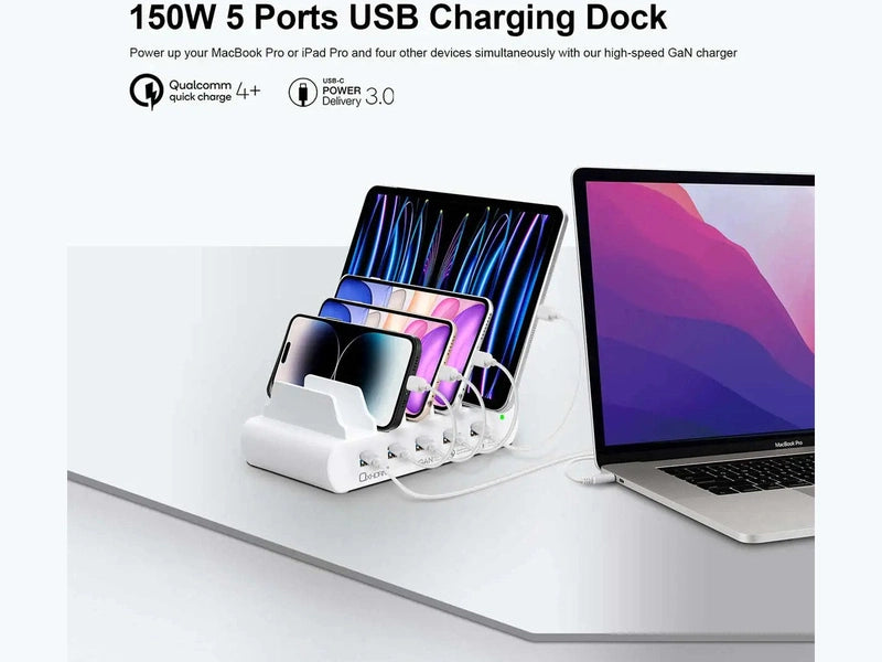 Oxhorn PoverDelivery 150W 5 Port A+C Fast Charging Dock with build-in rack5 Port USB-A USB-C PD3.0 QC4.0 PPS 100-240V AC input White