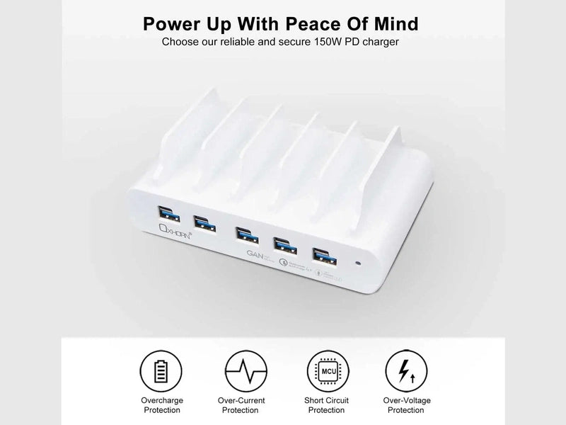Oxhorn PoverDelivery 150W 5 Port A+C Fast Charging Dock with build-in rack5 Port USB-A USB-C PD3.0 QC4.0 PPS 100-240V AC input White