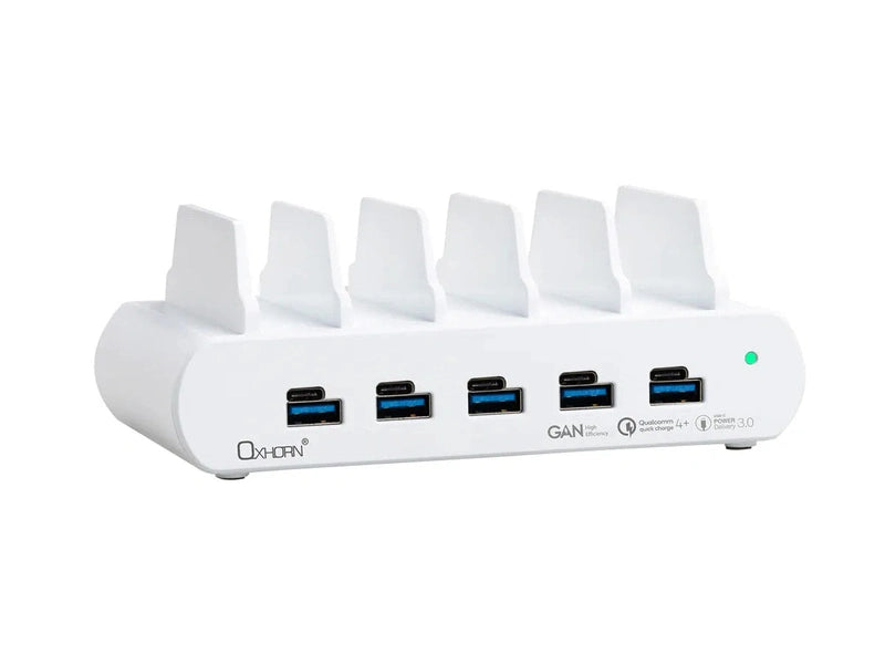 Oxhorn PoverDelivery 150W 5 Port A+C Fast Charging Dock with build-in rack5 Port USB-A USB-C PD3.0 QC4.0 PPS 100-240V AC input White