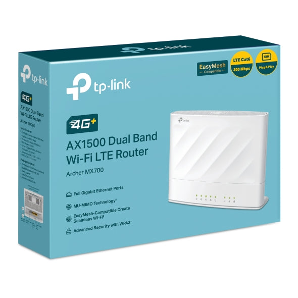 TP-Link Archer MX700 4G+ AX1500 Dual Band Wi-Fi LTE Router with Cat6 300 Mbps 4G+ Archer MX700