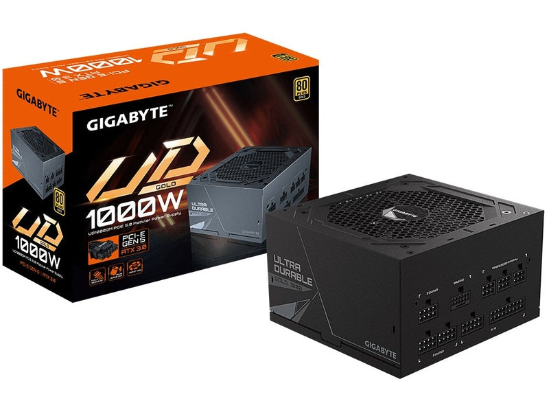 Gigabyte UD1000GM PG5 2.0 1000W ATX PSU Power Supply 80+ Gold >90% 120mm Fan Black Flat Cables Single +12V >100K Hrs