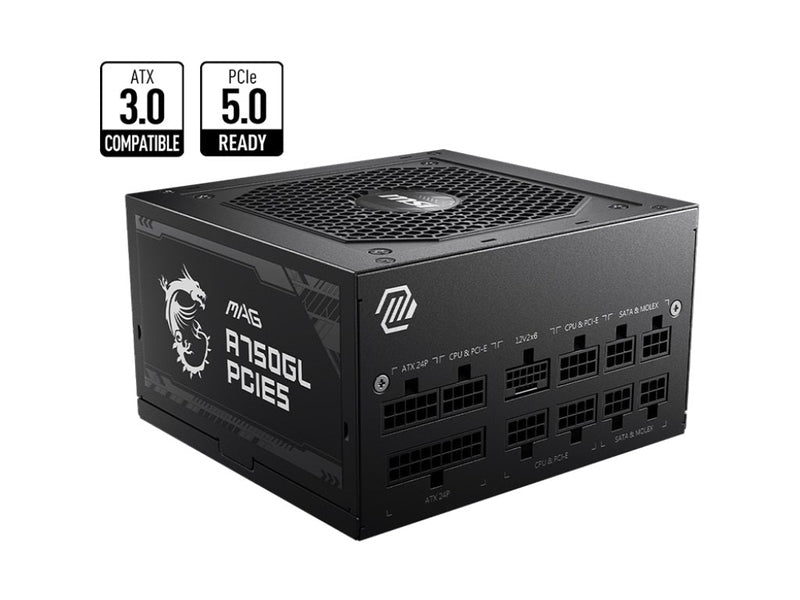 MSI MAG A750GL PCIE5 750W Up to 90% 80 Plus Gold ATX Power Supply Unit, PFC, 100~240 VAC, 750W, 47-63Hz, PCI-E, SATA, FDD