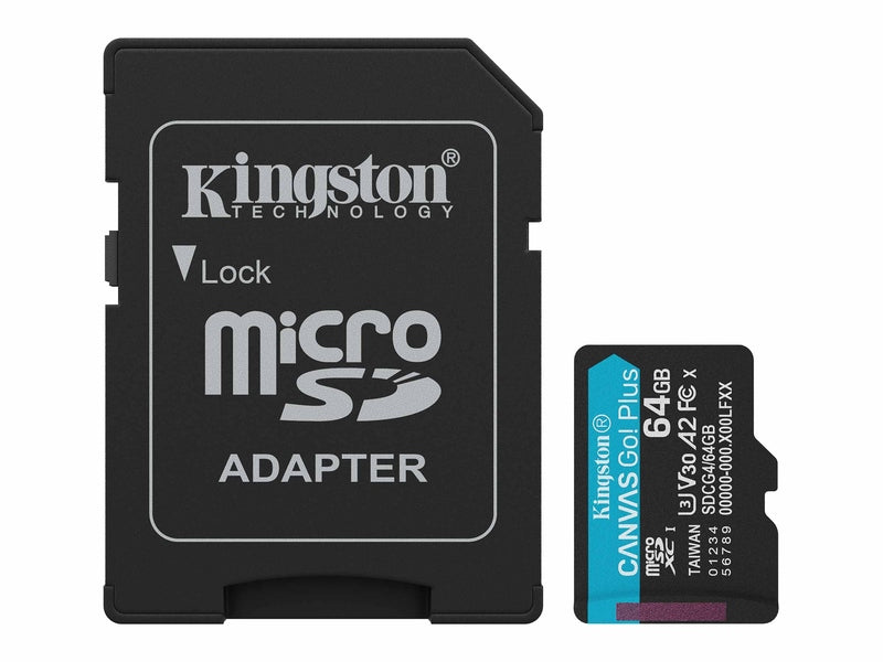 Kingston Canvas Go! Plus 64GB Class 10/UHS-I U3 V30 microSDXC - 200 MB/s Read - 100 MB/s Write