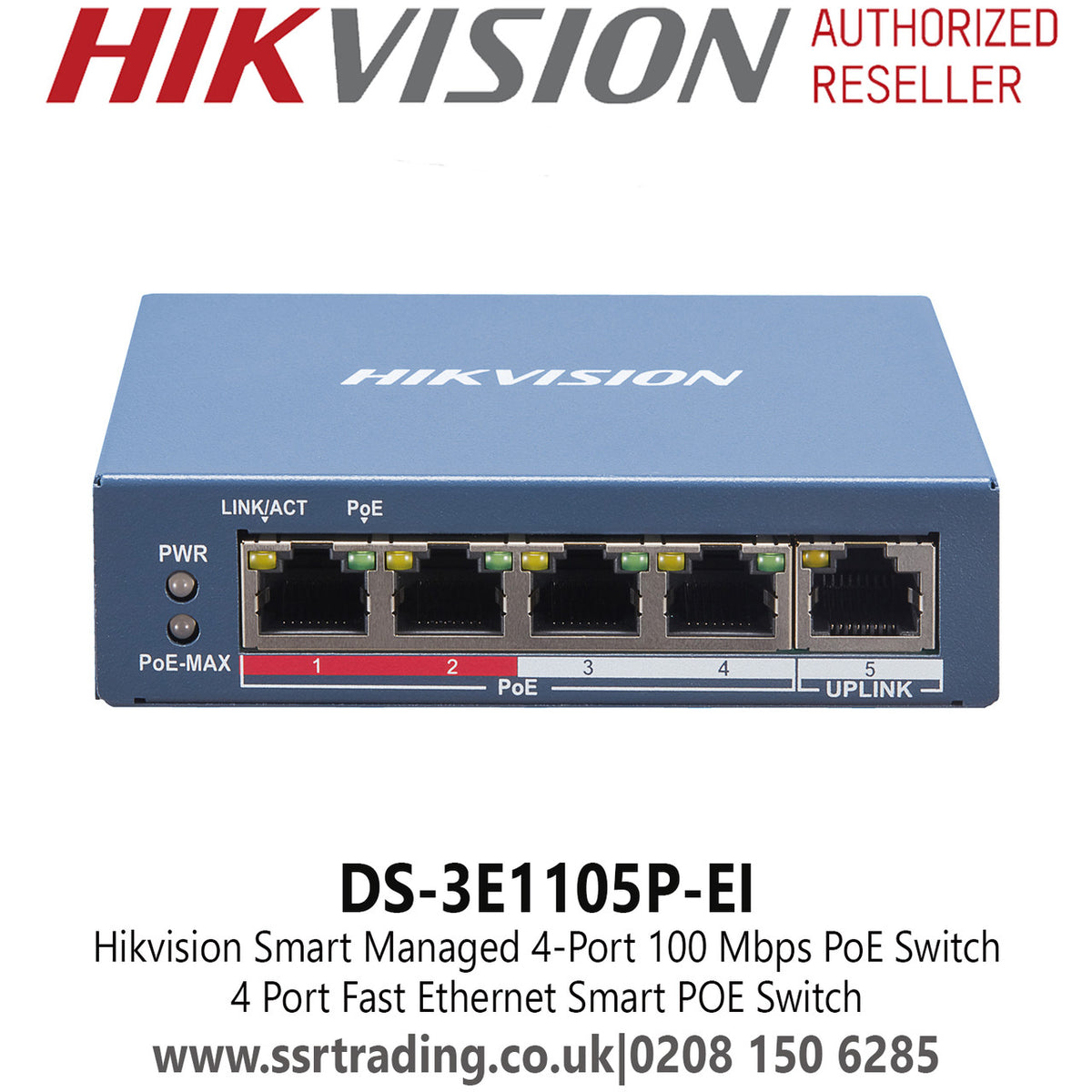Hikvision DS-3E1105P-EI 4-Port Fast Ethernet Smart Managed PoE Switch, 60W PoE Budget