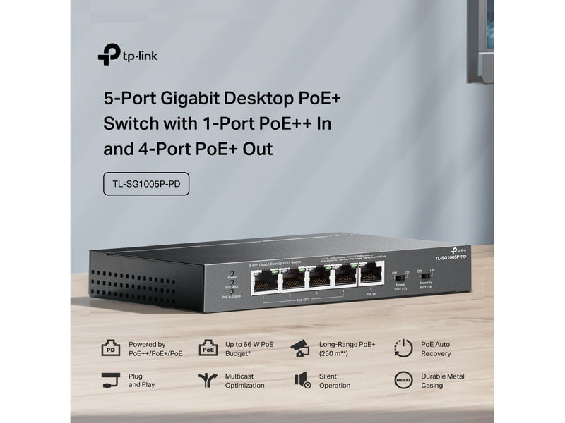TP-Link TL-SG1005P-PD 5-Port Gigabit Desktop PoE/PoE+ Extender - No Power Adapter