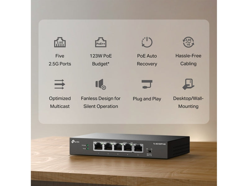 TP-Link TL-SG105PP-M2 4-Port PoE++ 123W 2.5G Desktop Switch with 2.5G RJ45 port