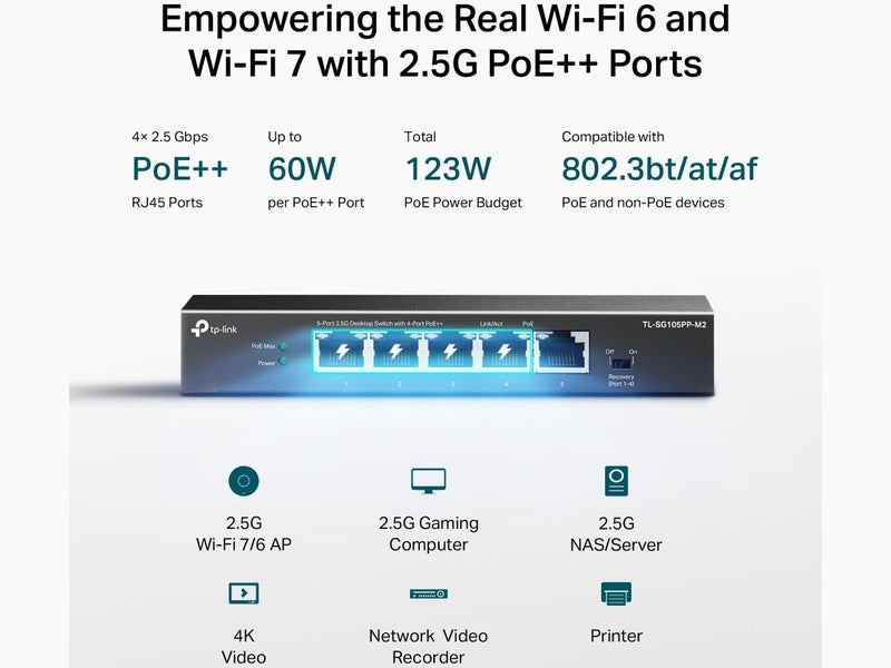 TP-Link TL-SG105PP-M2 4-Port PoE++ 123W 2.5G Desktop Switch with 2.5G RJ45 port