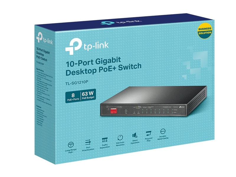 TP-Link TL-SG1210P 8-Port PoE+ 63W Gigabit Desktop Switch with 1-Port RJ45 and 1 SFP Slots