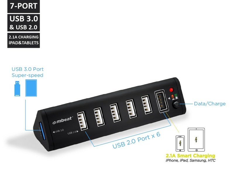 mbeat® 7-Port USB 3.0 & USB 2.0 Hub with 2.1A Smart Charging Function - Lightning Speed USB 3.0 Data Transfer Technology