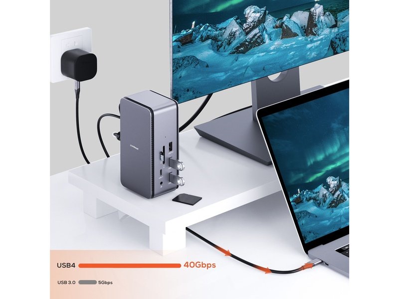mbeat® 14 in 1 USB 4 Docking Station with 8k Video 40Gbps 1x USB-C 1x DP 1.4 1x HDMI 2.1 3.2 3x USB-A 3.2 1x USB-C PD 3x USB 2 Card Readers AUX Grey