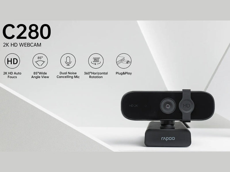 RAPOO C280 2K Webcam - 85 Degree Wide Angle Lens, 360 degrees, Omini Mic. Noise cancel, AutoF Plug & Play. Teams, Google Meet, Zoom, Win Hello, Wechat