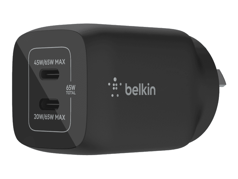 Belkin 2 Port Wall Charger 65W USB-C GaN 2 Fast Charging Black