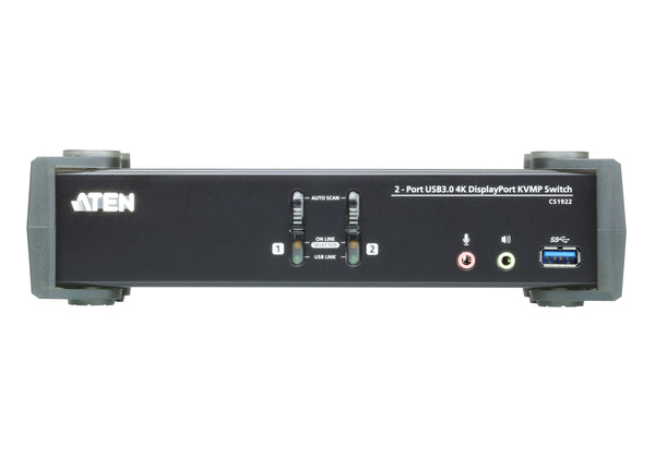 Aten Desktop KVMP Switch 2 Port Single Display 4k DisplayPort w/ audio, Cables Included, 2x USB Port