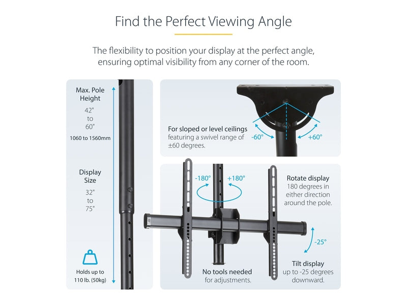 TV Ceiling Mount - Full-Motion Universal Hanging Single Screen Mount with Adjustable Telescopic Pole - Tilt / Swivel - VESA Bracket for 32”-75" Displays