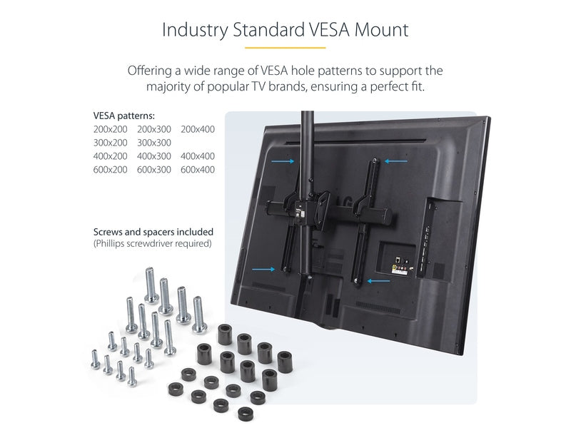 TV Ceiling Mount - Full-Motion Universal Hanging Single Screen Mount with Adjustable Telescopic Pole - Tilt / Swivel - VESA Bracket for 32”-75" Displays