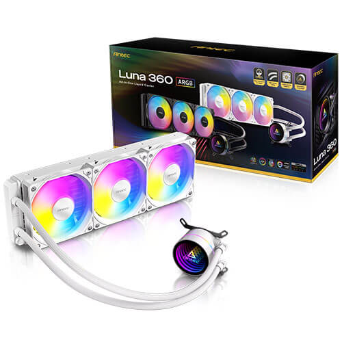 Antec Luna 360 ARGB White, 360mm AIO, 3x120mm ARGB PWM Fans, 800-1800RPM, 67.62CFM, Intel LGA1700 / 1851, AMD AM4 / AM5, 2Y Warranty
