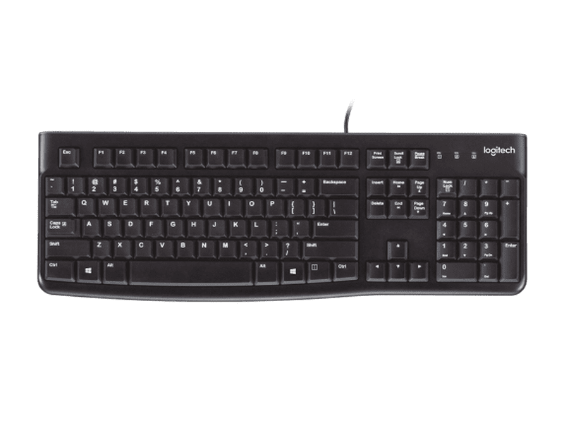 Logitech K120 Wired Keyboard Quiet typing Spill-resistant Durable keys Thin profile Curved space bar Adjustable tilt legs