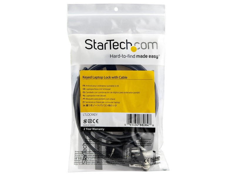 StarTech.com LTLOCKKEY 2m 6ft Laptop Cable Lock with Keys - Keyed Security Cable Lock for Compatible K-Slot Laptops, Desktops, Computers & Other Devices - Anti-Theft Vinyl Coated Steel Cable Lock