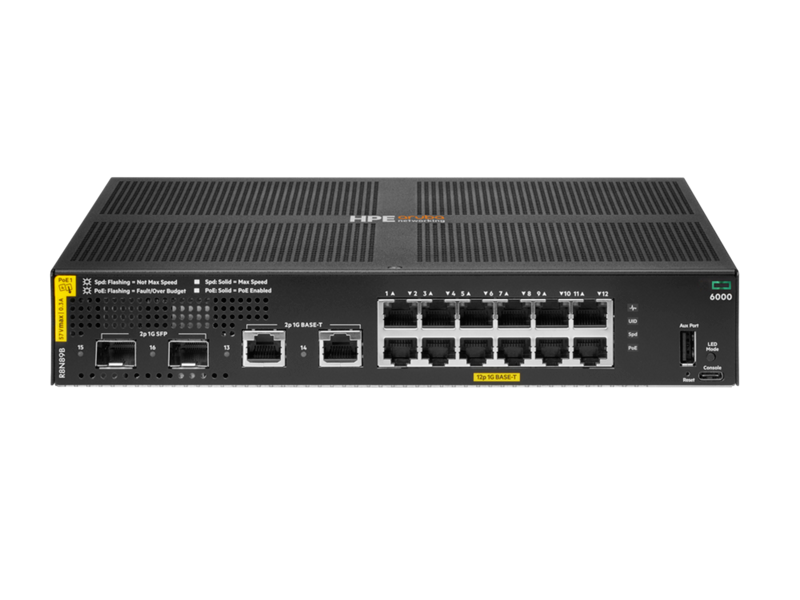 HPE Aruba Networking CX 6000 12-Port Gigabit Class 4 PoE Switch with 2 x 1G SFP Ports, 139W R8N89B