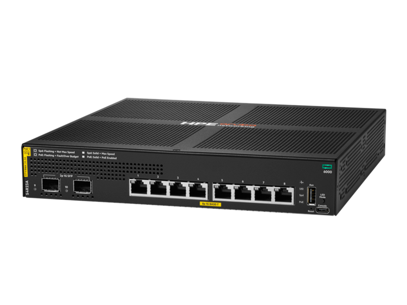 HPE Aruba Networking CX 6000 8-Port Gigabit Class 4 PoE Switch with 2 x 1G SFP Ports, 67W S4R23A