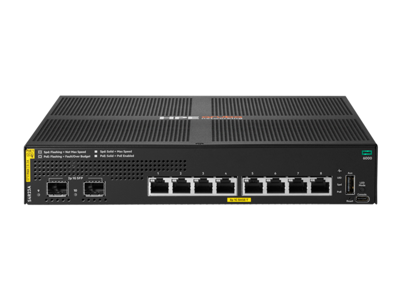 HPE Aruba Networking CX 6000 8-Port Gigabit Class 4 PoE Switch with 2 x 1G SFP Ports, 67W S4R23A