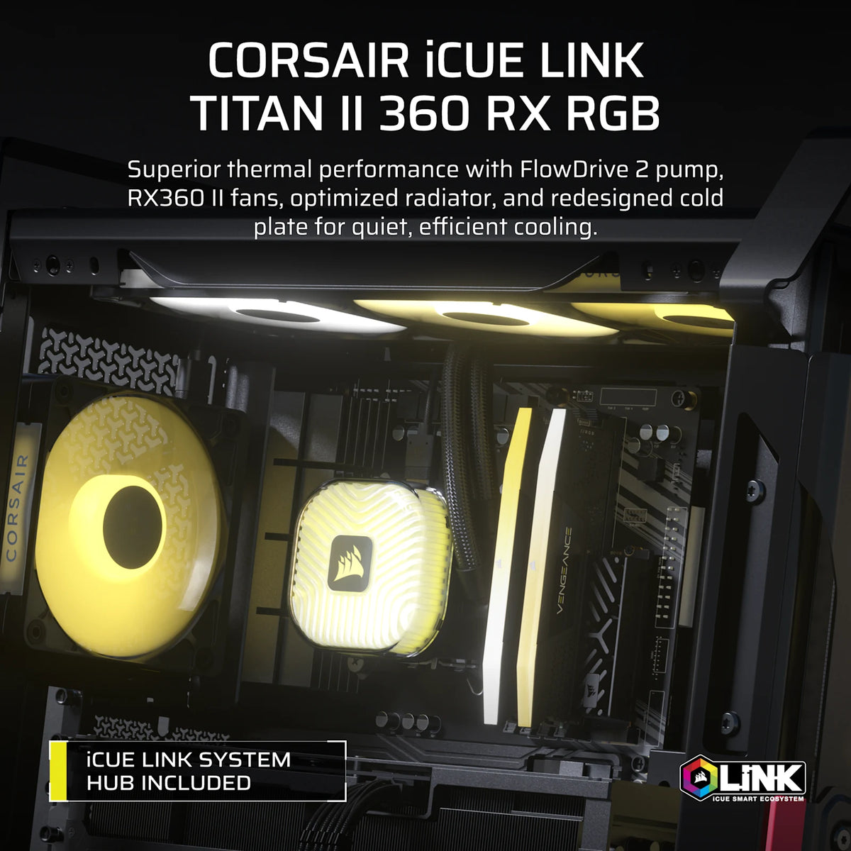 CORSAIR iCUE LINK TITAN II 360 RX RGB - Black, 360mm AIO, FlowDrive Gen 2, RX II Fan, RGB, Copper Coldplate, AM5/AM4, LGA1851/1700