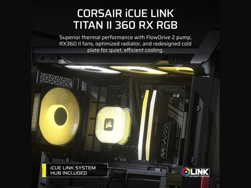 CORSAIR iCUE LINK TITAN II 360 RX RGB - Black, 360mm AIO, FlowDrive Gen 2, RX II Fan, RGB, Copper Coldplate, AM5/AM4, LGA1851/1700