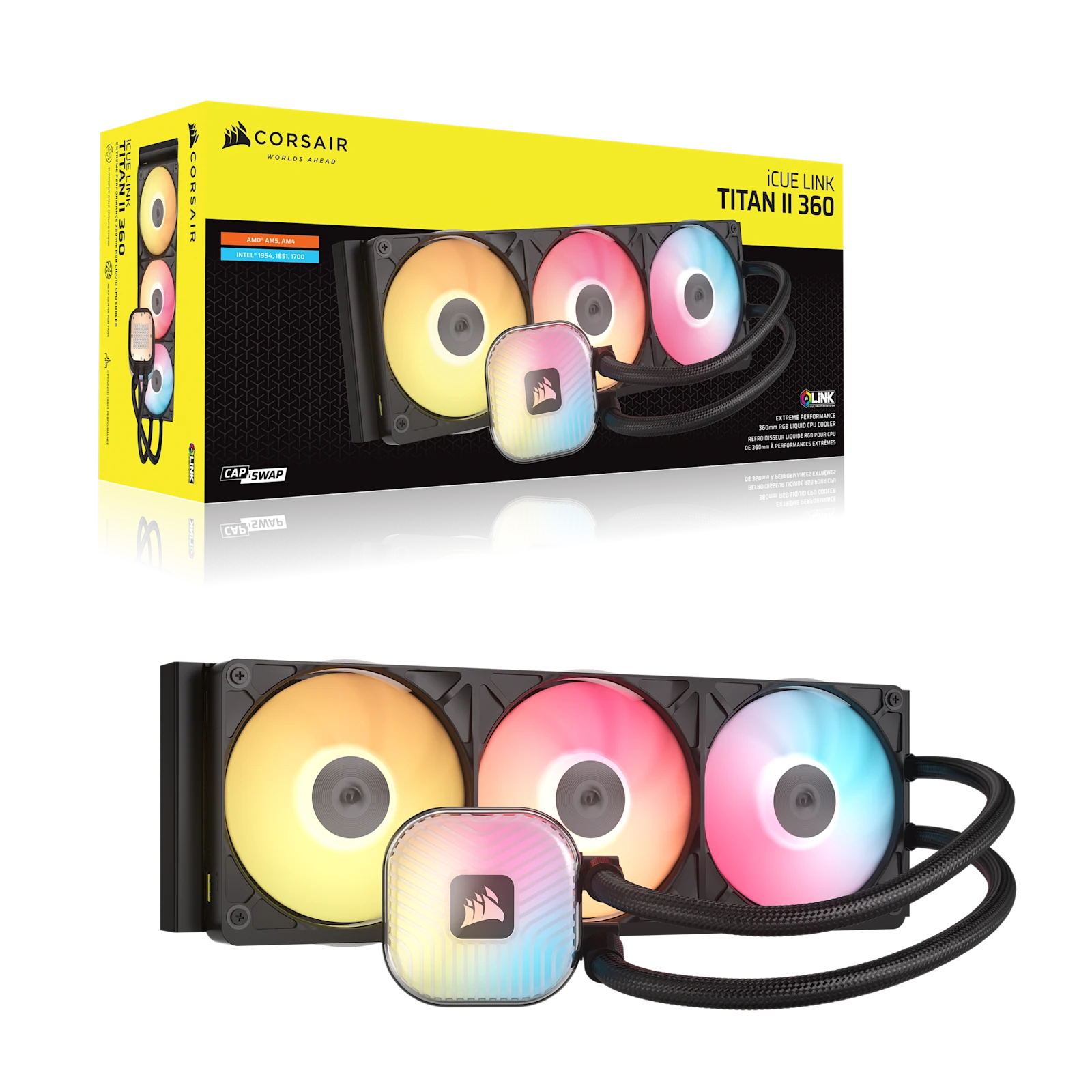 CORSAIR iCUE LINK TITAN II 360 RX RGB - Black, 360mm AIO, FlowDrive Gen 2, RX II Fan, RGB, Copper Coldplate, AM5/AM4, LGA1851/1700